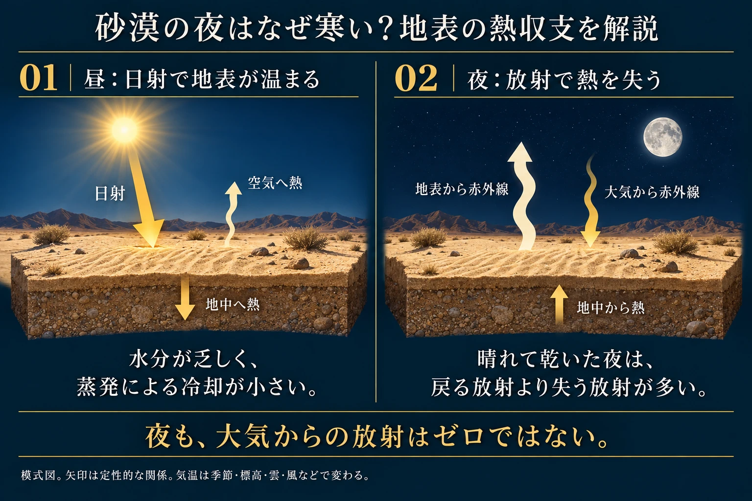 乾燥した砂漠の昼の日射による加熱と、夜の地表からの正味の熱損失を比べる模式図