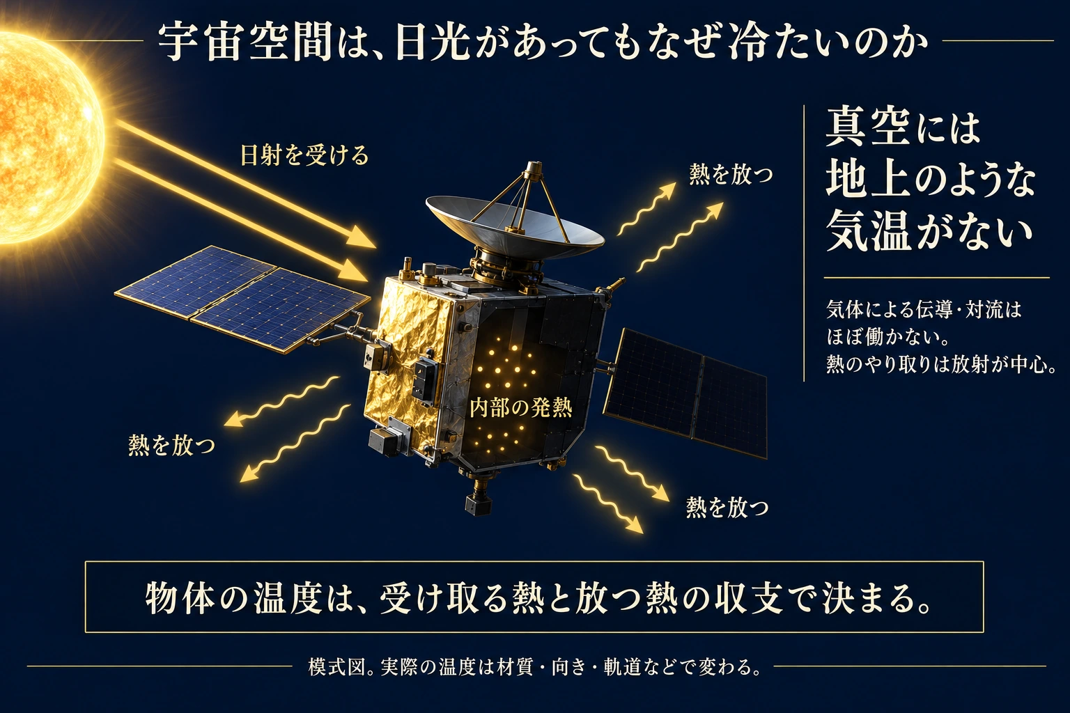 日射を受け、内部でも熱を生み、周囲へ熱放射する宇宙機の模式図