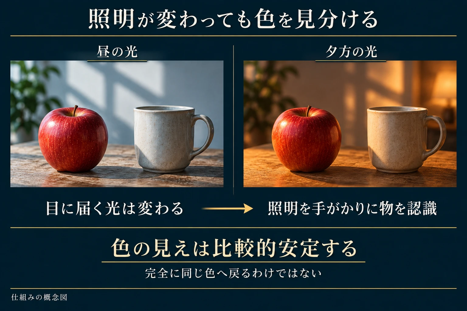 昼と夕方の照明の下にあるリンゴとカップを比べ、色の見えが比較的安定することを示す概念図