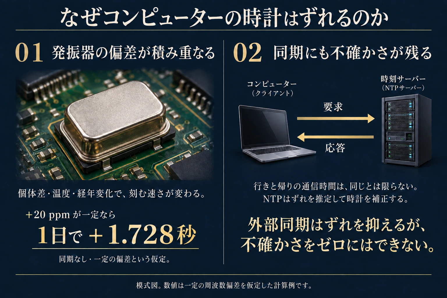一定の時計偏差によるずれと、ネットワーク時刻同期に残る往復遅延の不確かさを示す模式図