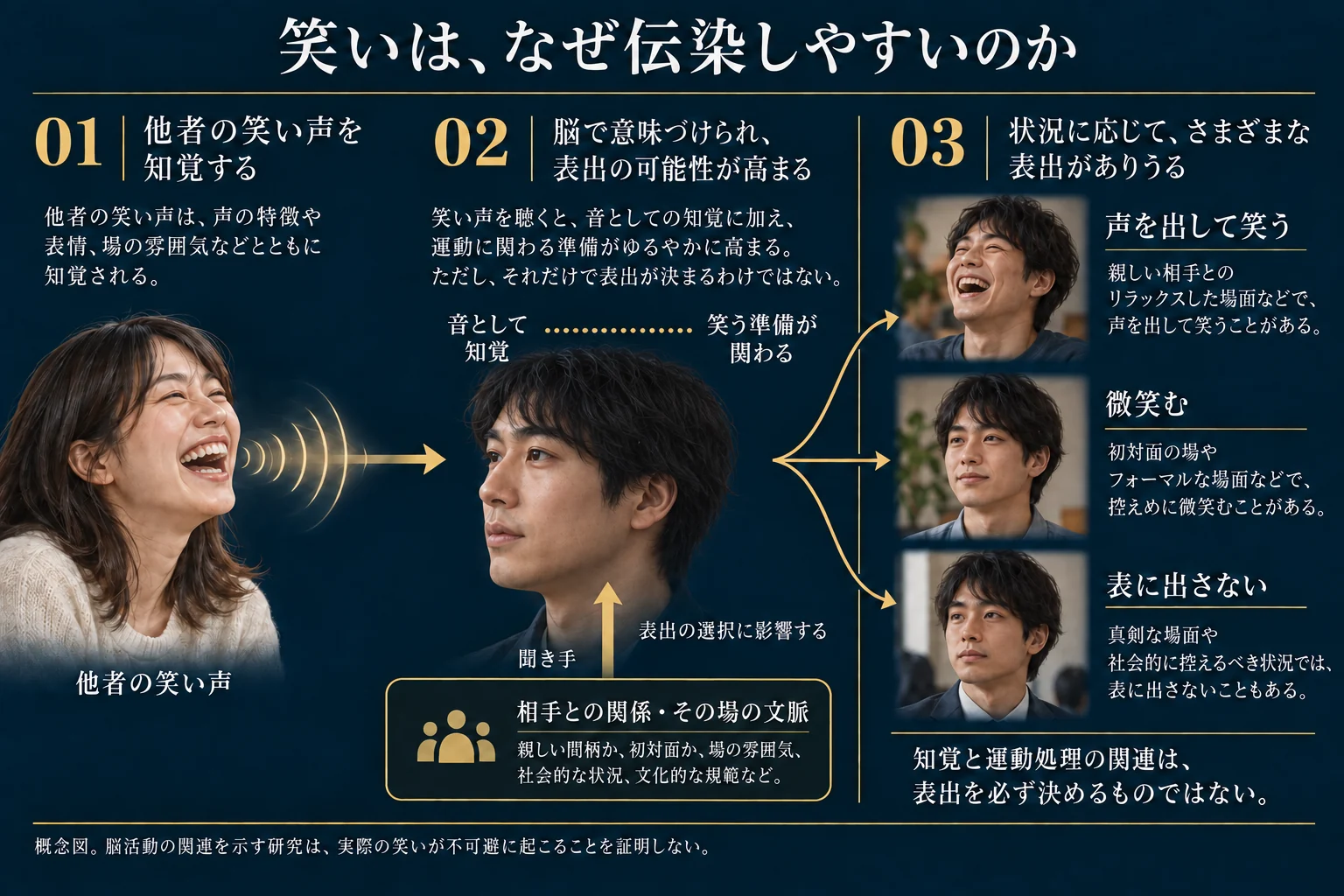 他者の笑い声から聴覚知覚と運動準備の関連を経て、社会的文脈を受けながら声を出す笑い・微笑・表に出さない反応へ分かれる概念図。