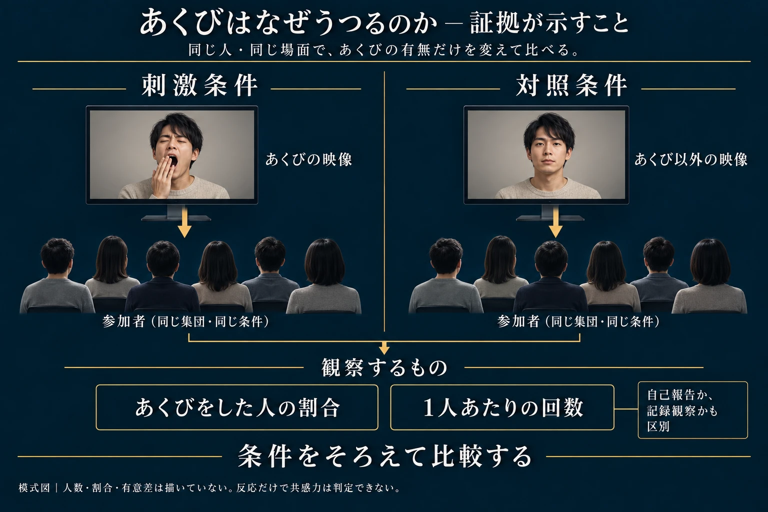 同じ人物・画角のあくび映像と非あくび映像を刺激条件と対照条件に分け、参加者の反応を発生者率と回数で比較する概念図。