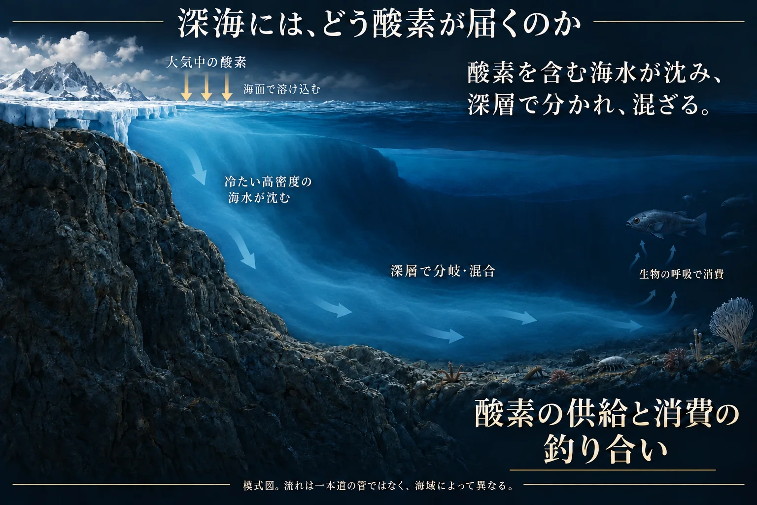 極域の海面で酸素を取り込んだ冷たい高密度の海水が、大陸斜面に沿って沈み、周囲の水と混ざりながら深層へ広がる模式図