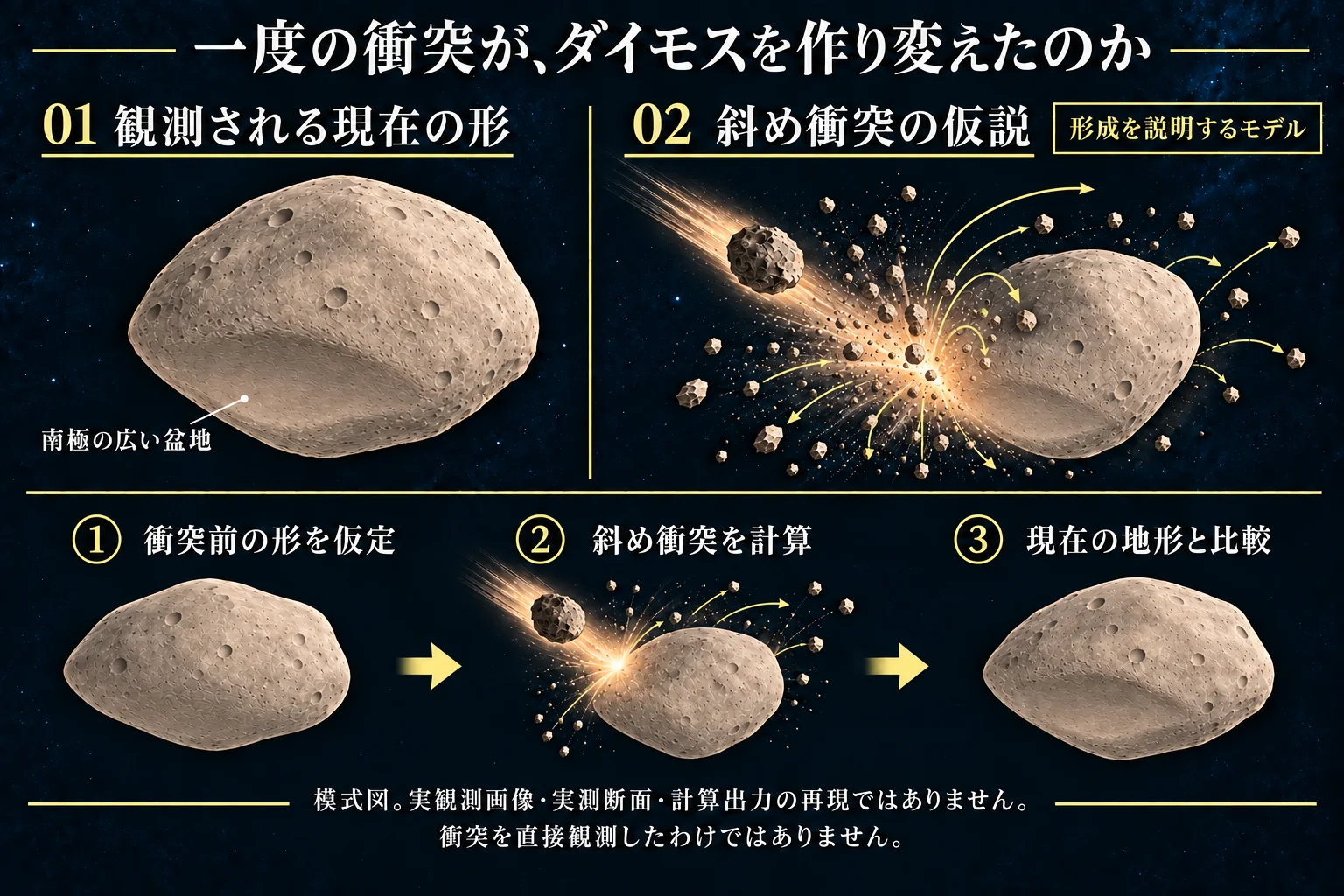 現在のダイモス南極の浅い盆地状窪地と、窪地を埋め戻した仮定の初期形状に斜め衝突を加えて現在形状と比較するモデルの模式図