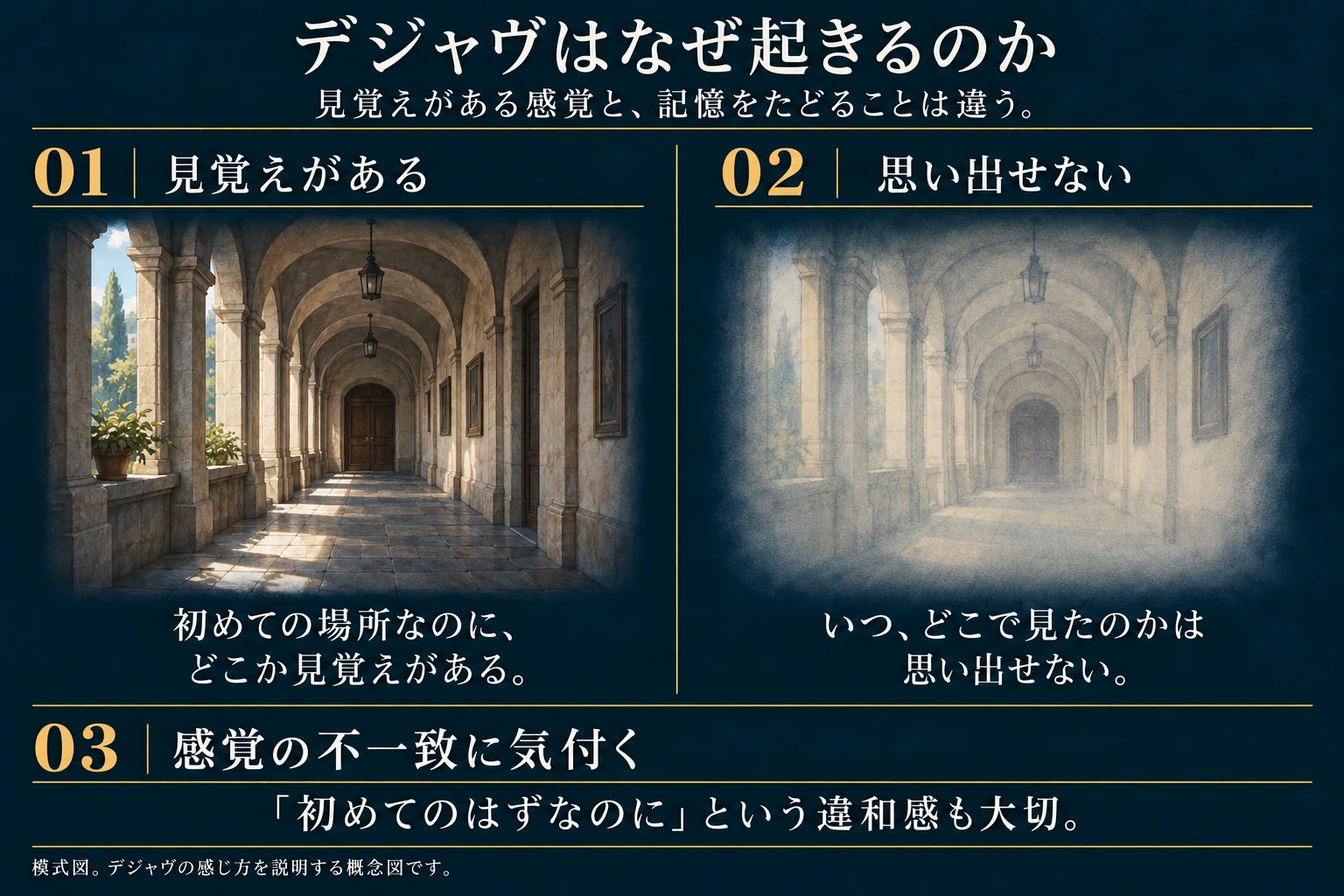 初めての場所なのに見覚えを感じ、いつどこで見たのかを思い出せず、『初めてのはずなのに』という感覚の不一致にも気付く、というデジャヴの感じ方を示しています。