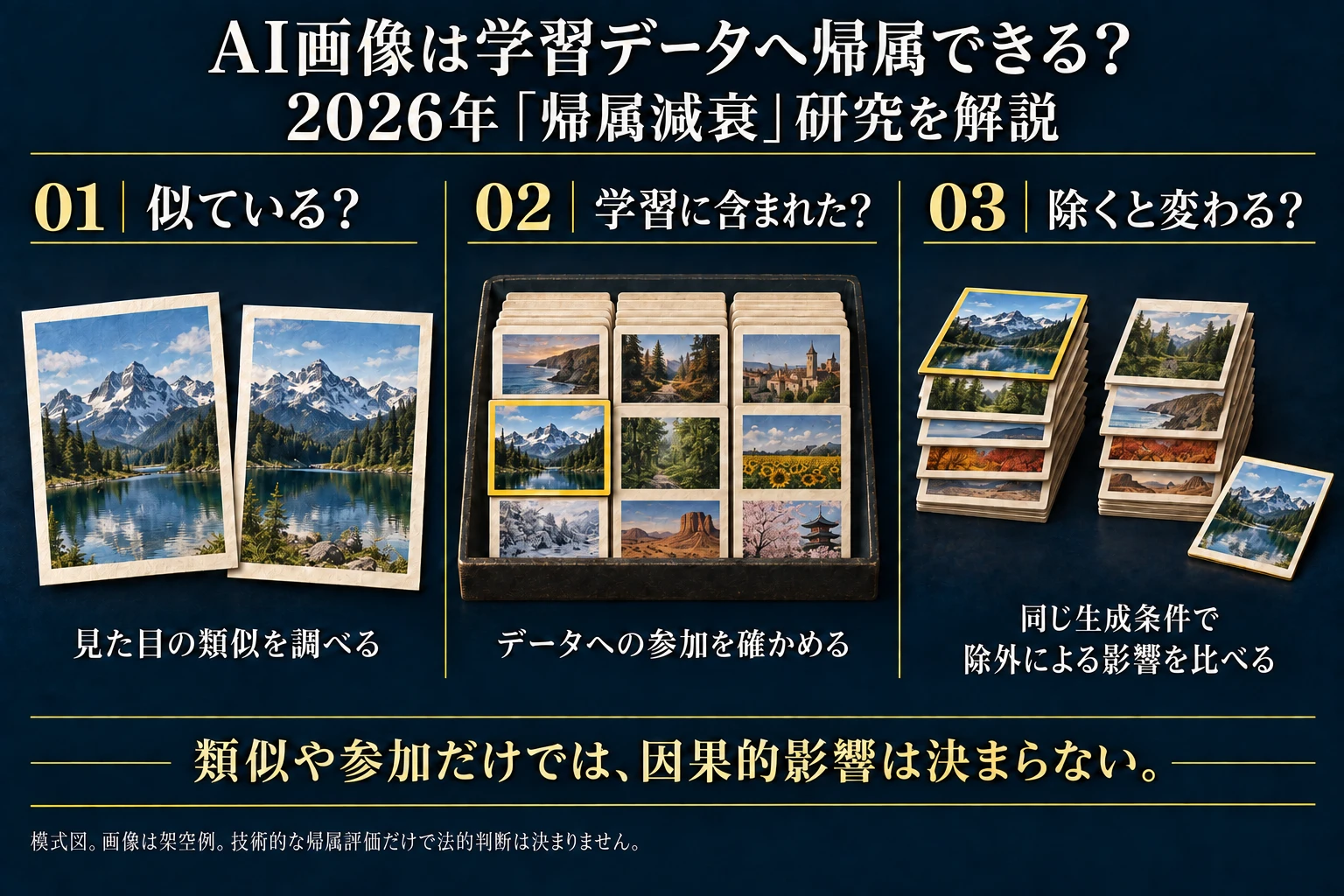 類似性、学習への参加、除外の因果影響を区別する概念図。