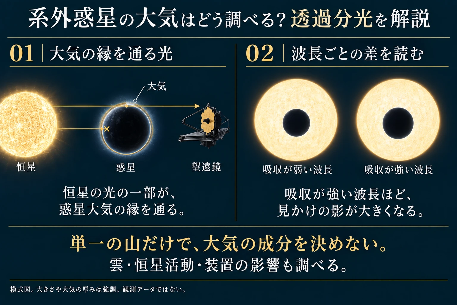 恒星の光の一部が不透明な惑星本体を避けて大気の縁を通る。吸収が強い波長では見かけの影が大きくなる。