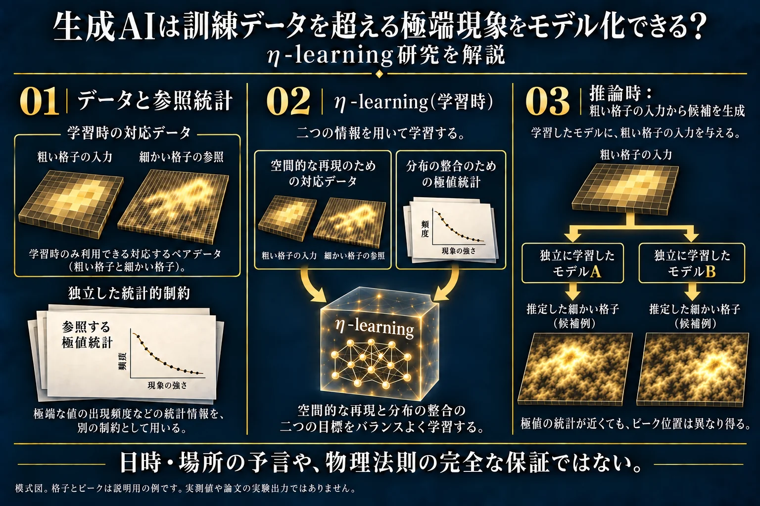 η-learningの学習データと極端値統計、独立に学習した二つのモデルの出力でピーク位置が異なり得ることを示す模式図