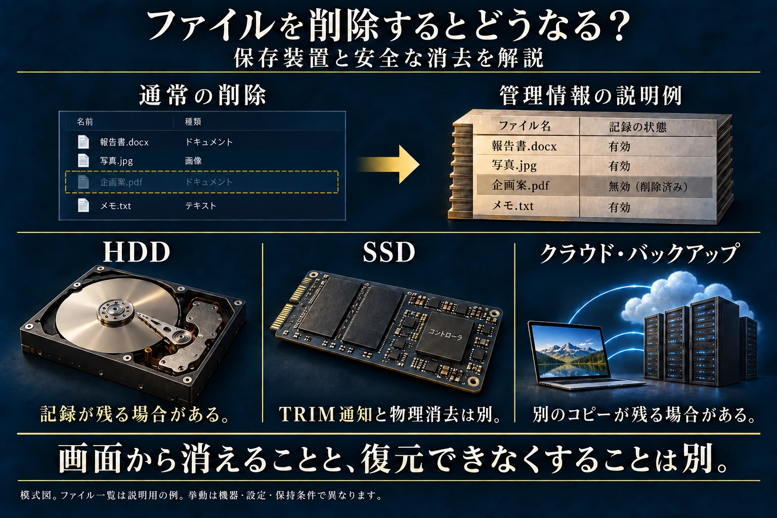 通常のファイル削除後の管理情報とHDD・SSD・クラウドやバックアップの違いを示す模式図