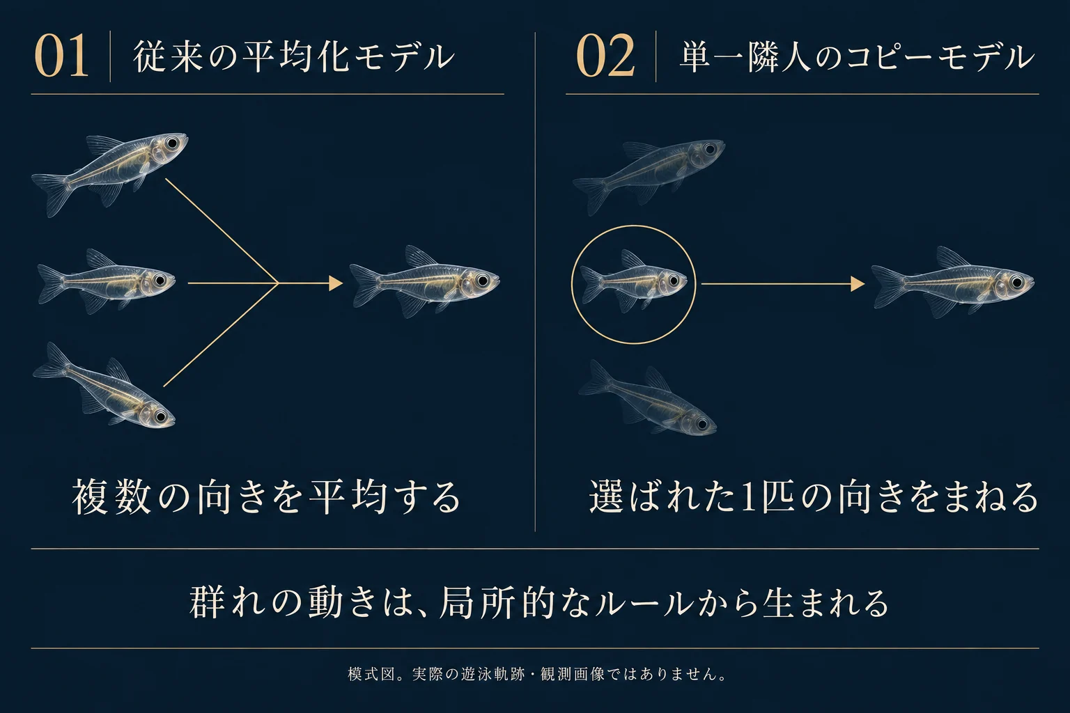 魚群の平均化モデルと確率的な単一隣人コピーを対比した概念図。