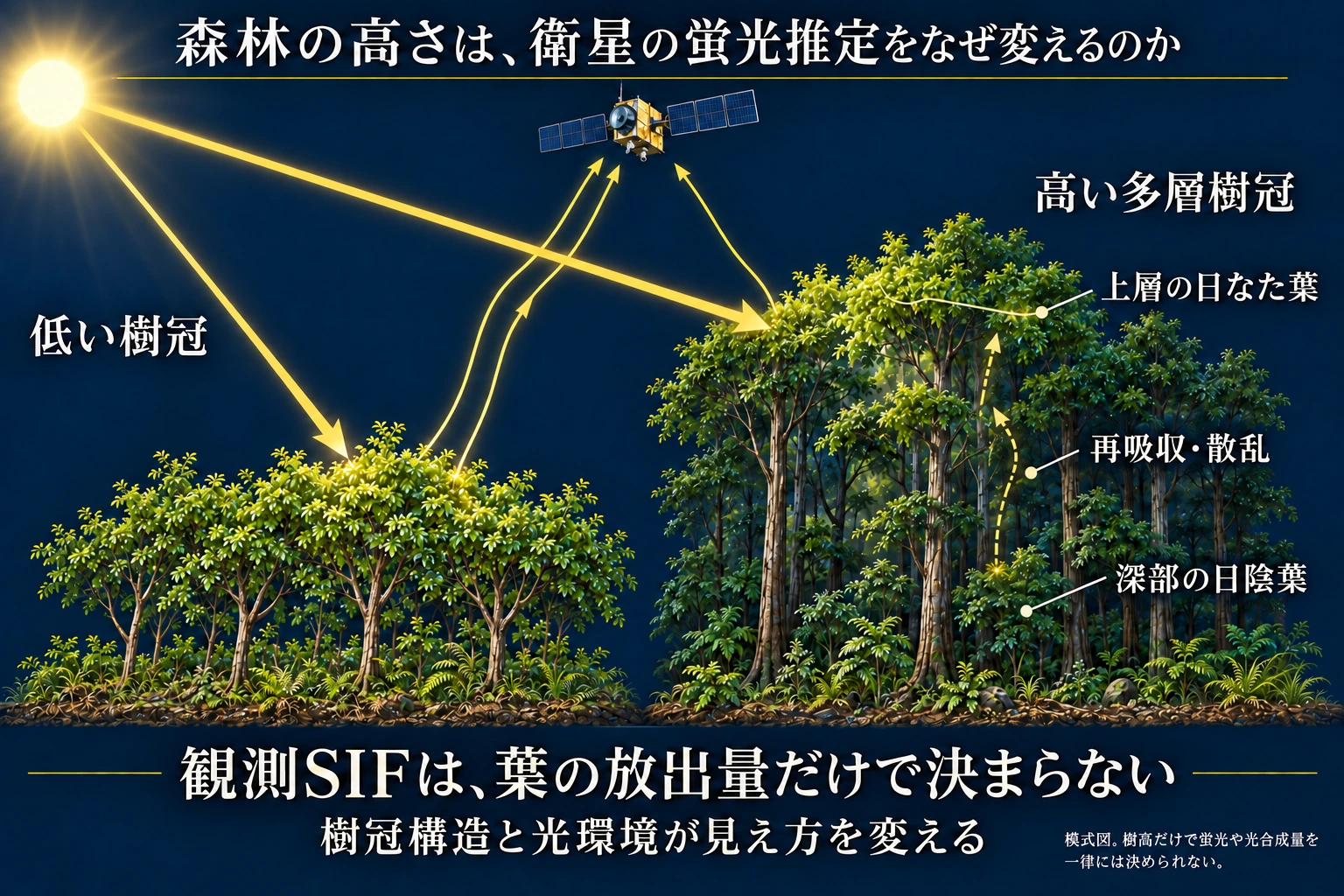 同じ太陽からの光を受ける低い樹冠と高い多層樹冠を比較。葉が放つ微弱な蛍光の一部は上空の衛星へ届くが、高い樹冠の深部の日陰葉からの光は上層葉による再吸収・散乱を受ける。上層の日なた葉からの光は届きやすい。衛星で観測されるSIFは葉の放出量だけでなく、樹冠構造、葉の光環境、脱出経路で変わる。樹高だけから一律の減衰率や光合成量は定まらない。