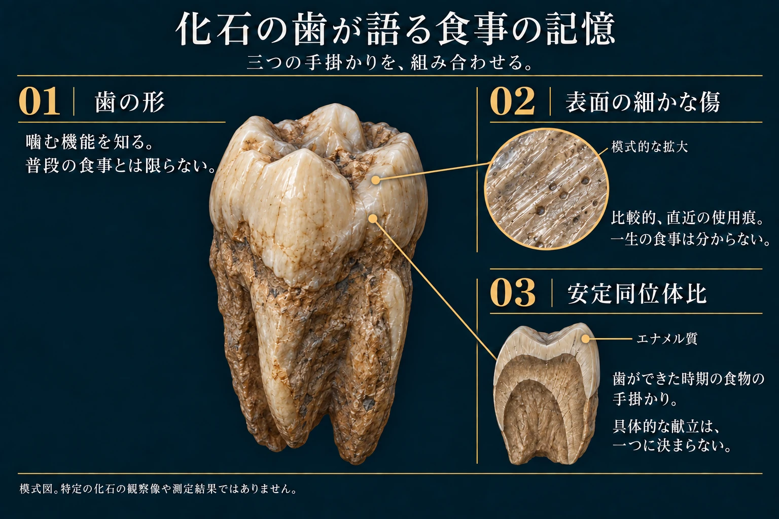 化石の歯を調べる三つの手法を示します。歯の形は噛む機能の手掛かりですが、普段食べていたものを保証しません。