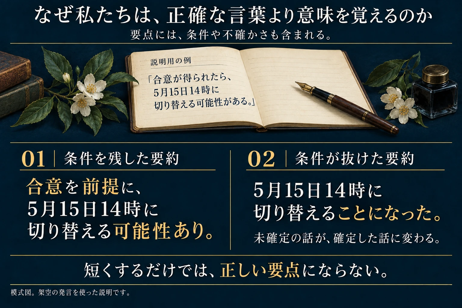 架空の発言『合意が得られたら、5月15日14時に切り替える可能性がある』を、条件と未確定性を残した要約と、それらが抜けた要約で対比しています。