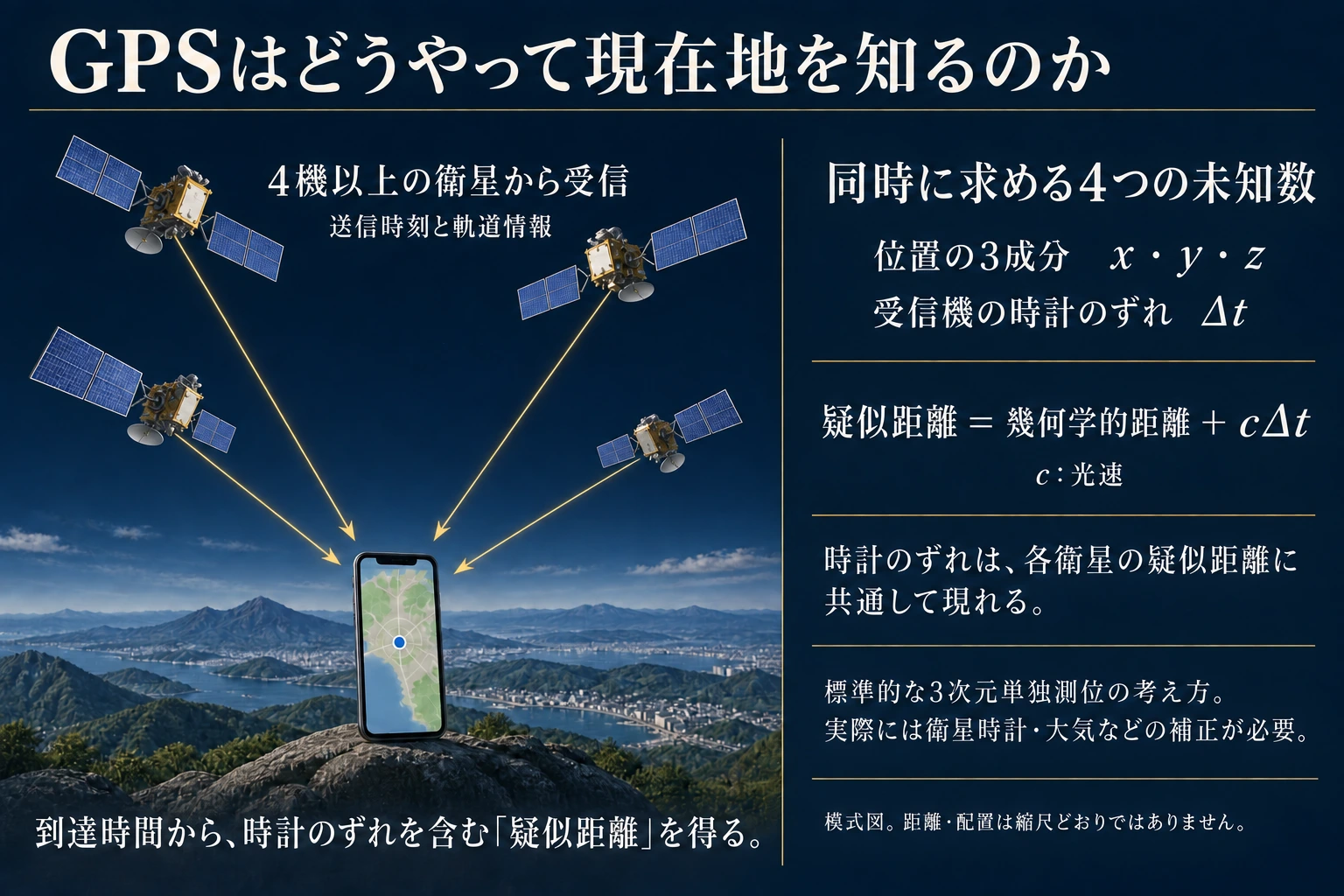複数のGPS衛星からの疑似距離を使い位置と受信機時計差を求める概念図