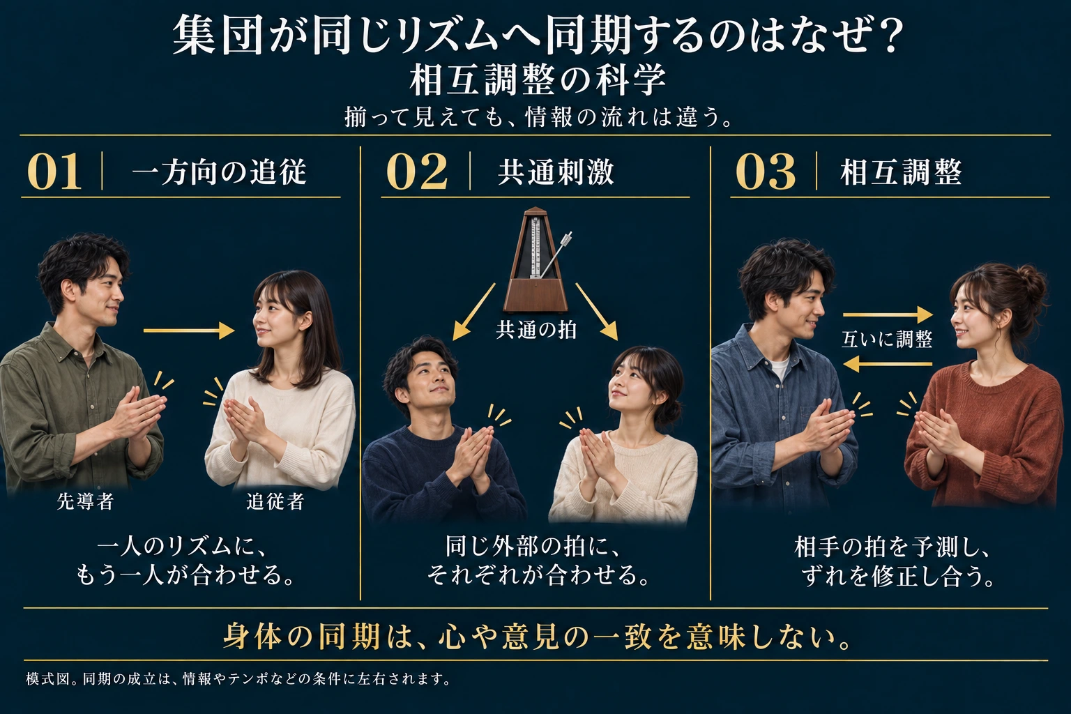 一方向の追従、共通刺激への同調、双方向の相互調整を比較する。相互調整では相手の拍を予測し、微小なずれを修正し合う。