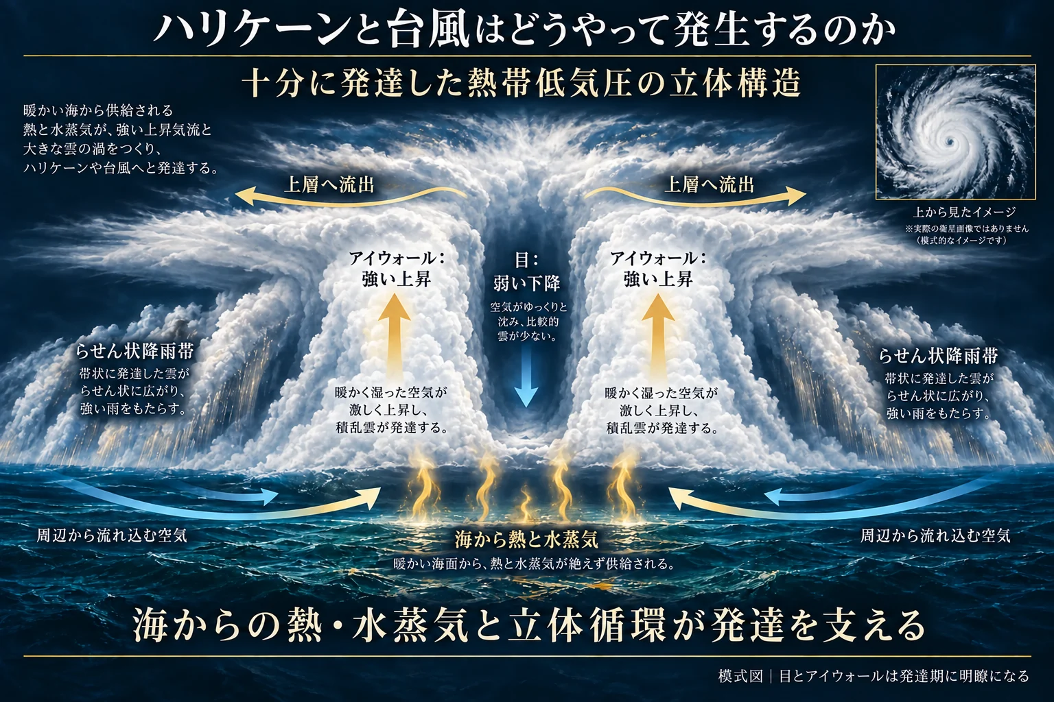 海からの熱と水蒸気、下層流入、アイウォールの強い上昇、目の弱い下降、上層流出、外側の降雨帯を立体断面にまとめる。