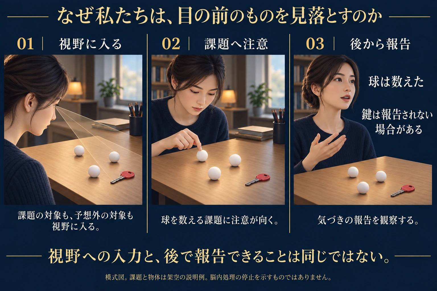 机上の球を数える架空の課題で、視野にある鍵が後から報告されない場合を示した三段階の模式図