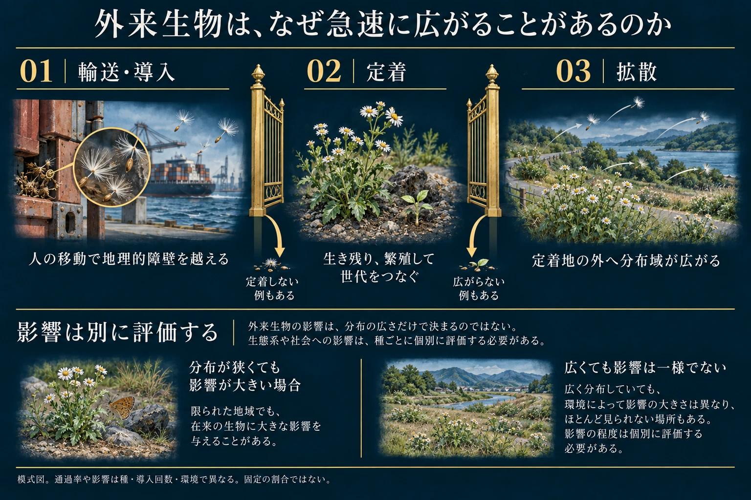 運搬された植物種子が新天地で繁殖し、複数の場所へ分布を広げるまでを三段階で示す。