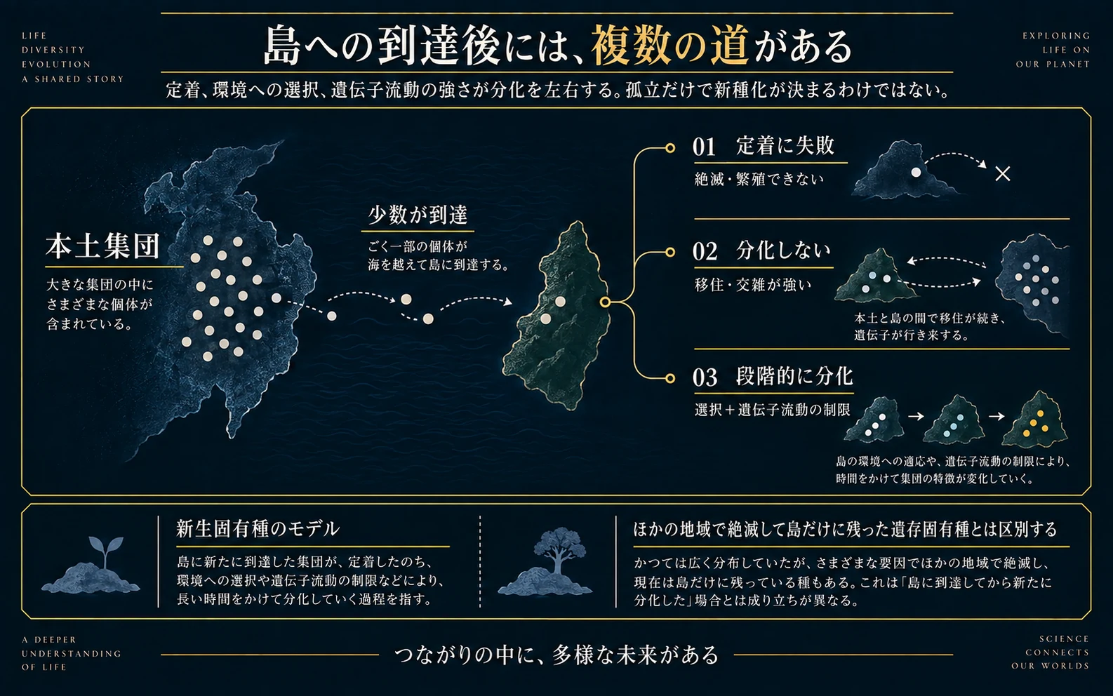 島への少数の個体の到達から、定着失敗、分化しない場合、段階的に分化する場合を分けた模式図