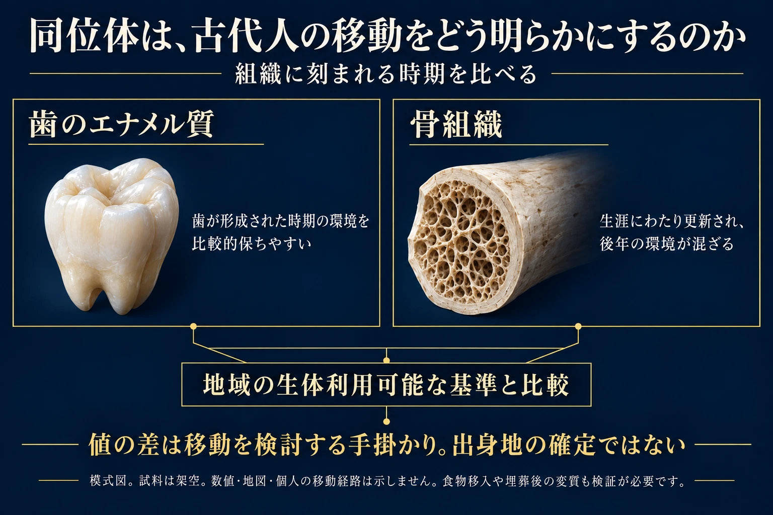 歯のエナメル質と骨がそれぞれ異なる時期の摂取源を反映することを示す模式図
