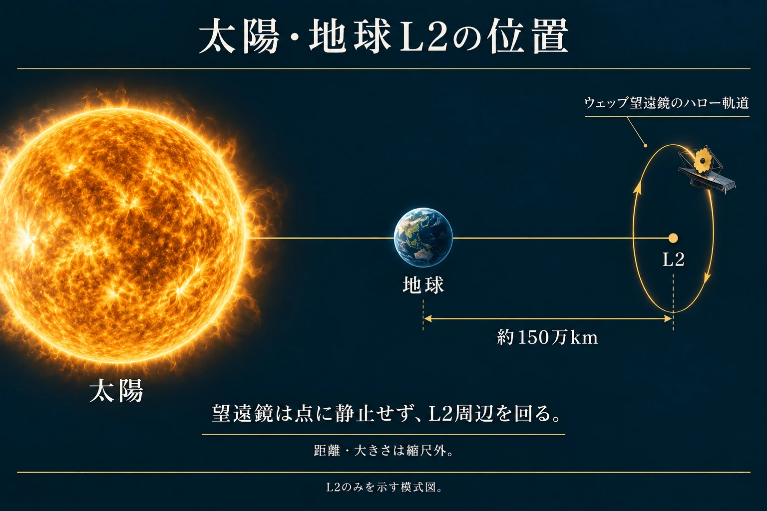 太陽と地球のL2付近で探査機が三次元のハロー軌道を飛ぶ様子の模式図
