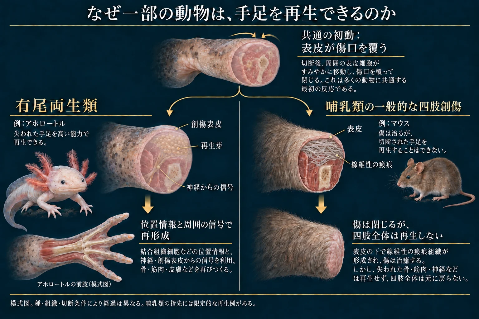 共通の創傷被覆から、有尾両生類の創傷表皮下の再生芽と神経信号、哺乳類の一般的な四肢創傷の線維性瘢痕へ分かれる概念図。