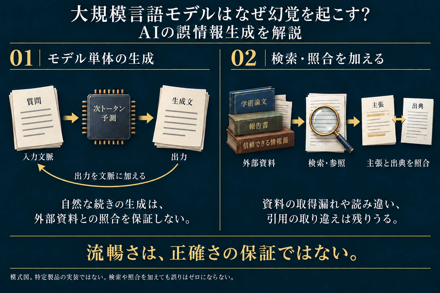 模式図。単体モデルが入力文脈から次トークンを予測し、出力を文脈へ追加する生成経路と、システムに外部資料の検索・主張との照合を加える経路を区別する。