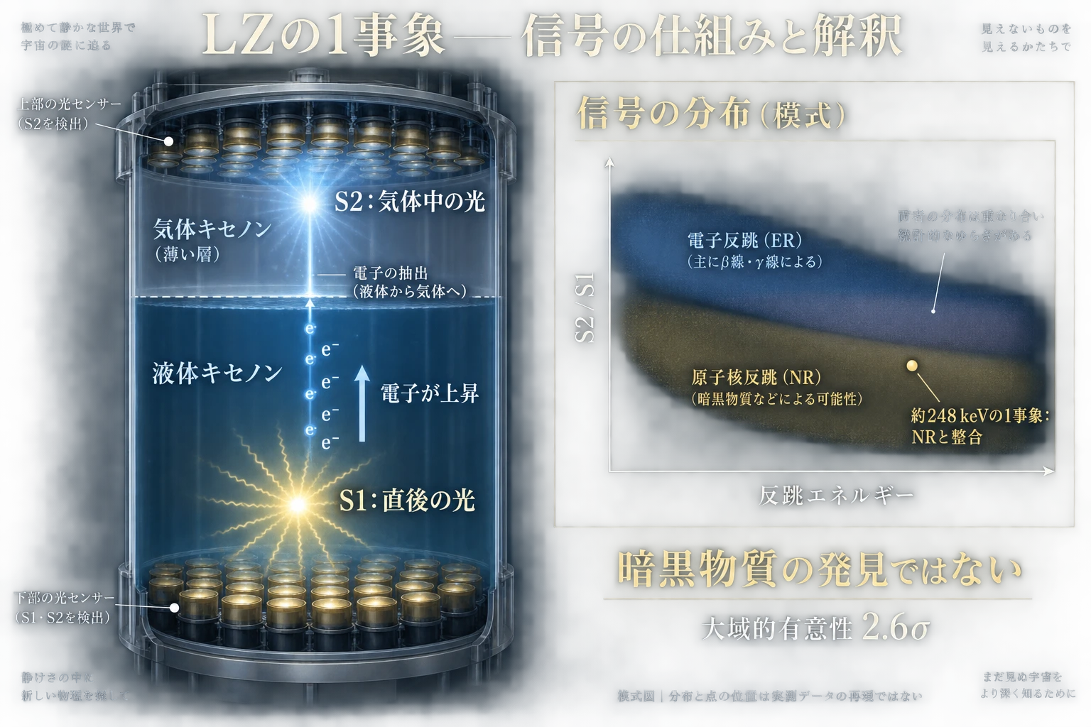 二相キセノン検出器のS1・S2光の経路と、電子反跳・原子核反跳の分布が重なり得ることを示した概念図。