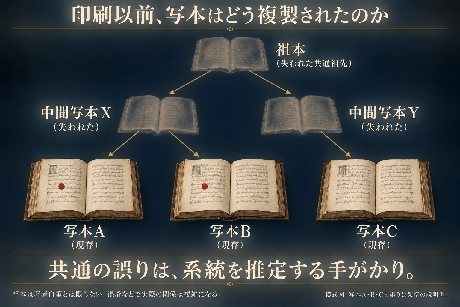 架空の祖本から写本A、B、Cへ分岐し、AとBに共通の誤写がある系統図