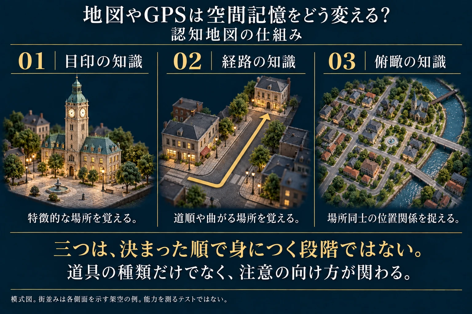 目印・経路・俯瞰という空間知識の3側面を、各側面の架空の街並みで示す。固定的な発達順序ではなく、道具の種類だけでなく注意の向け方が関わる。