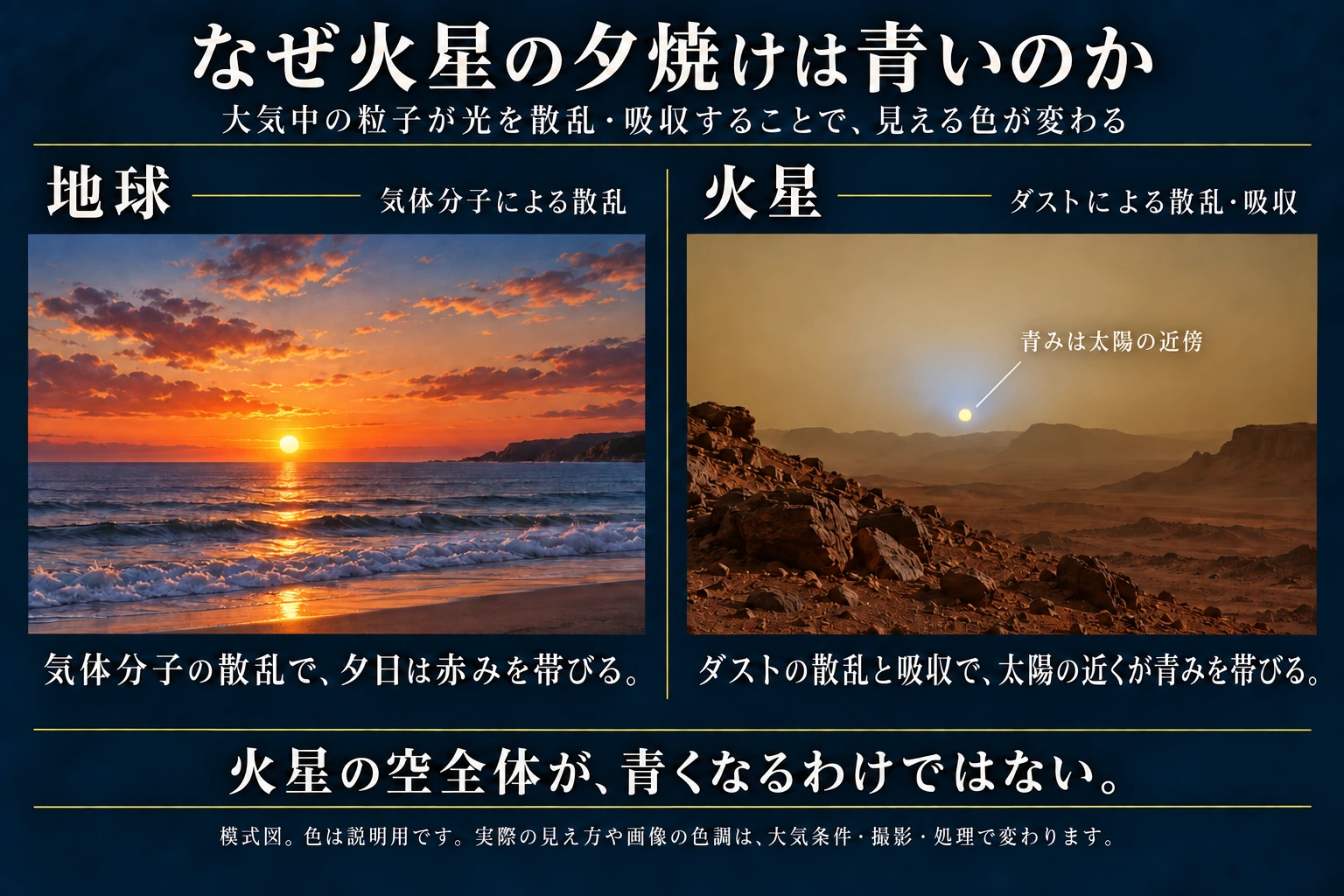 地球では夕方の太陽付近が赤く、火星ではダストの影響で太陽付近が青みを帯びることを比較した模式図