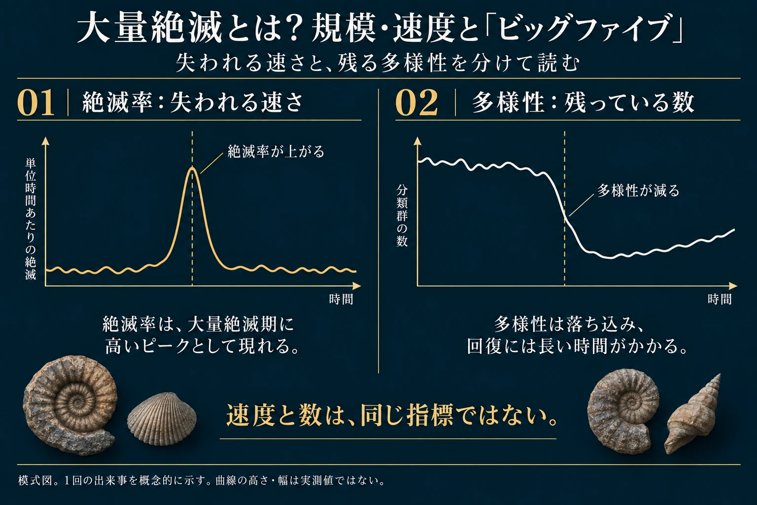 一つの大量絶滅を例として絶滅率と分類群数の異なる推移を示す模式図
