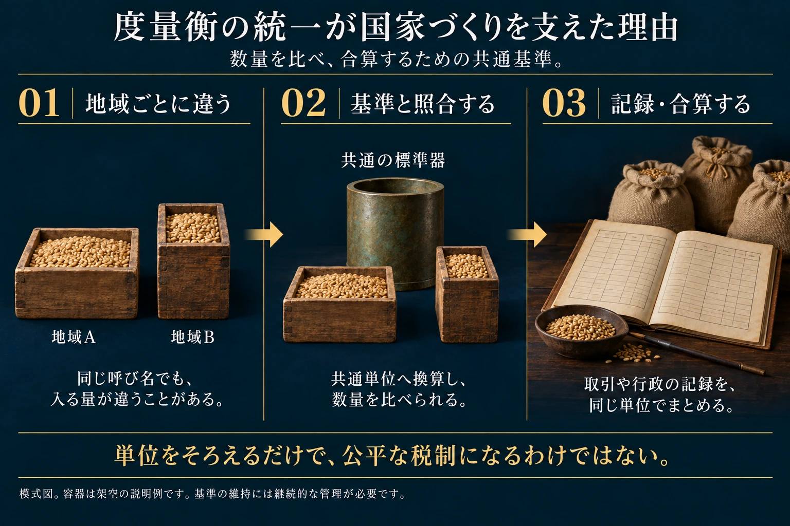 地域ごとに異なる容器を共通の標準器と照合し、共通単位へ換算することで数量の比較や取引・行政台帳での合算がしやすくなる。