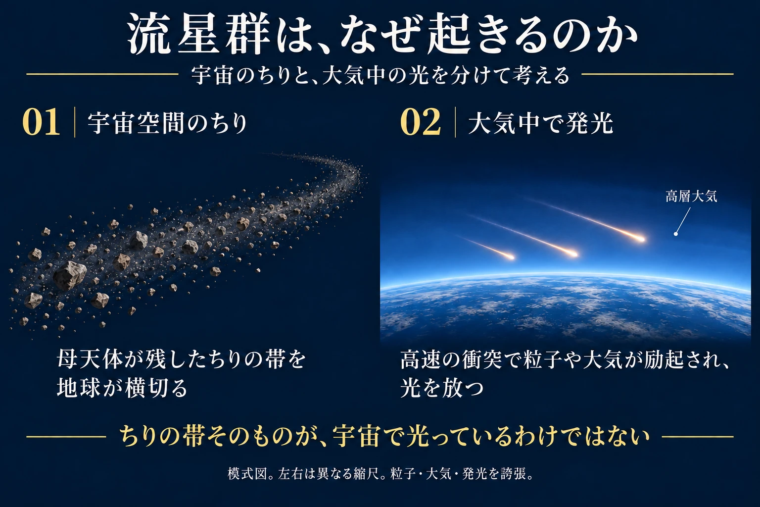地球がちりの帯を横切り、粒子が大気中で発光する二つの場面を示す模式図