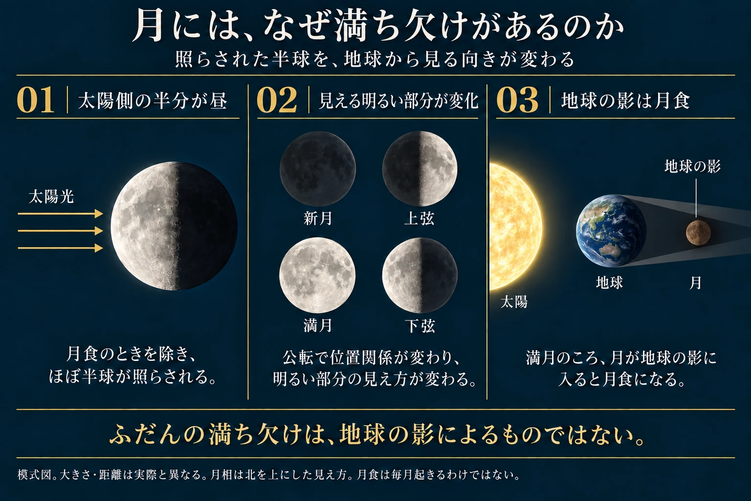 月の照らされた半球と地球から見える月相、月食時の地球の影を分けて示す模式図