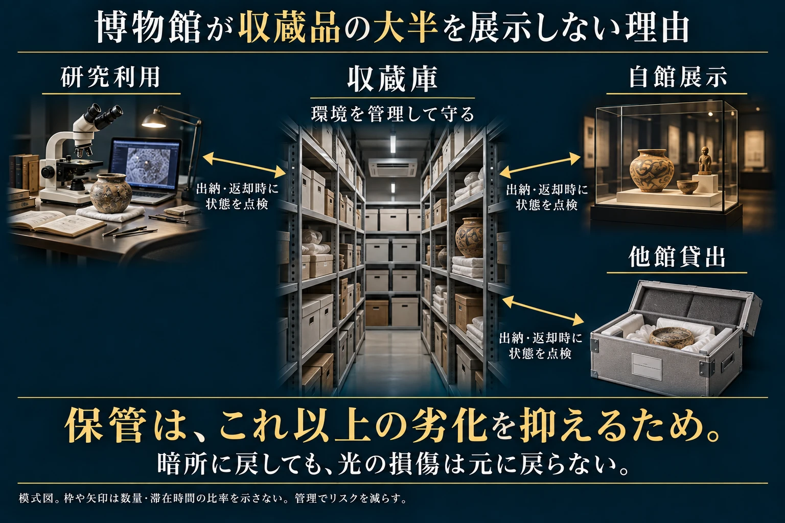 収蔵庫を中心に研究利用・自館展示・他館貸出へ資料が往復する。出納と返却時に状態点検を行う。