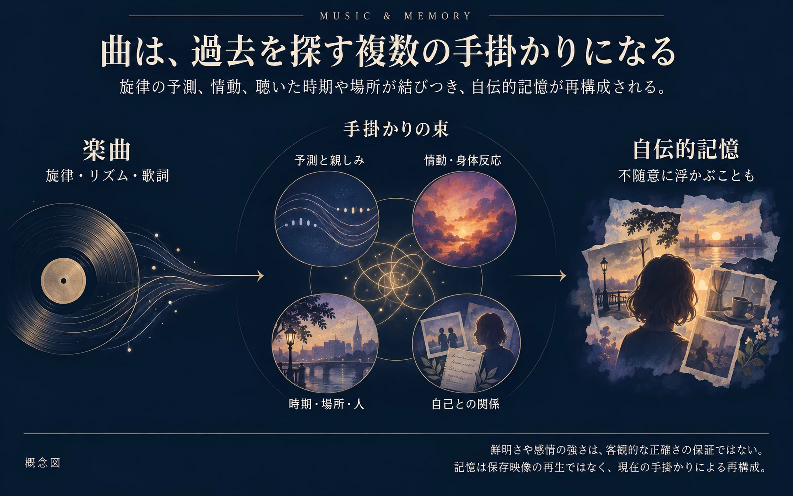楽曲の旋律や歌詞が予測、感情、時期・場所・人などの手掛かりとなり自伝的記憶を呼び起こす概念図