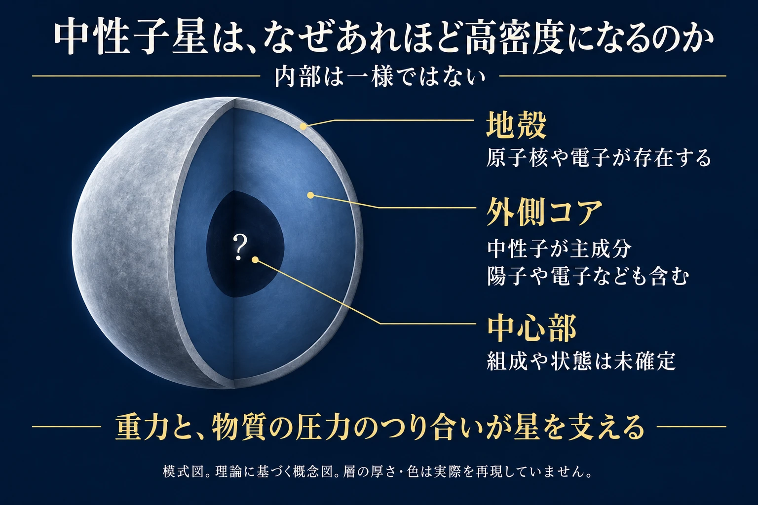 中性子星の地殻から中心核へ向かう理論上の内部構造を示す断面模式図