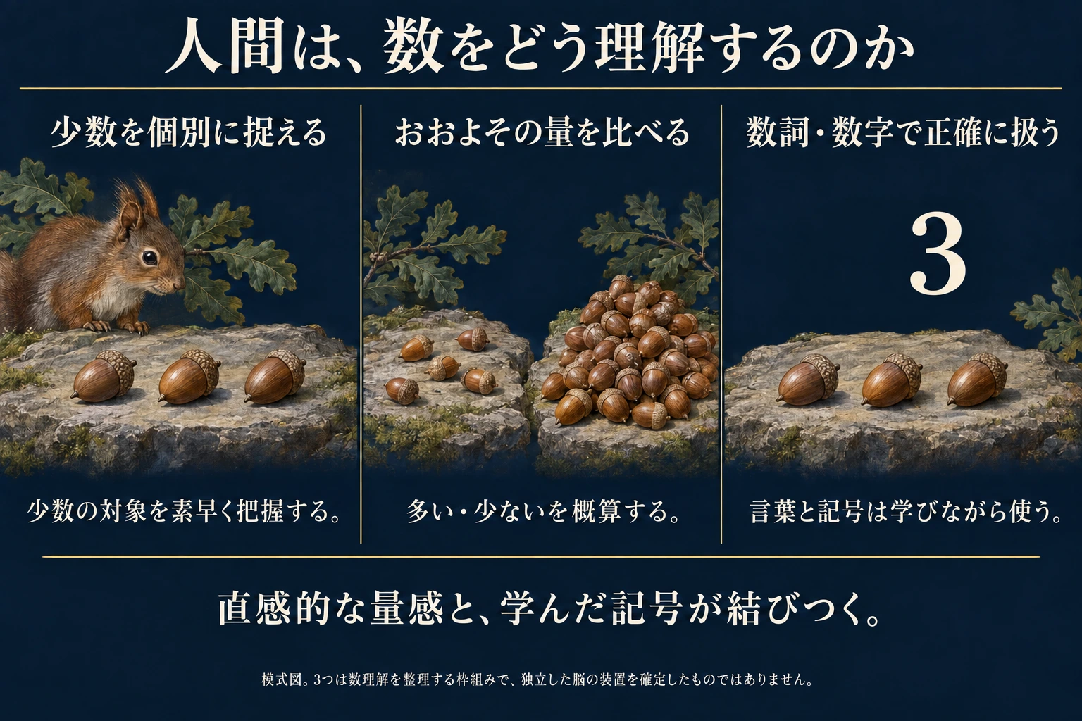 少数の把握、大まかな量の比較、学んだ数詞や数字の利用を架空の例で分けた模式図