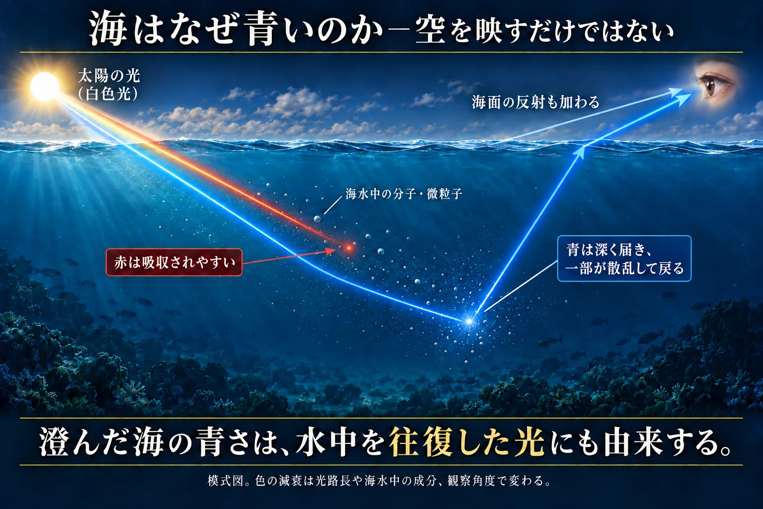 白色の太陽光が海へ入り、赤色成分は光路とともに青色より強く減衰する。青い光は比較的深く届き、その一部が海水中の分子や微粒子によって上向きへ散乱し、海面を抜けて観察者に届く。空の海面反射は別の経路として海の見え方に加わる。光の減衰は固定水深で決まるわけでなく、光路長、海水中の成分、観察角度に依存する。