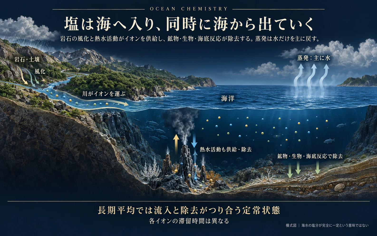 川と海と大気の間で水と溶存イオンが移る様子を示す模式図