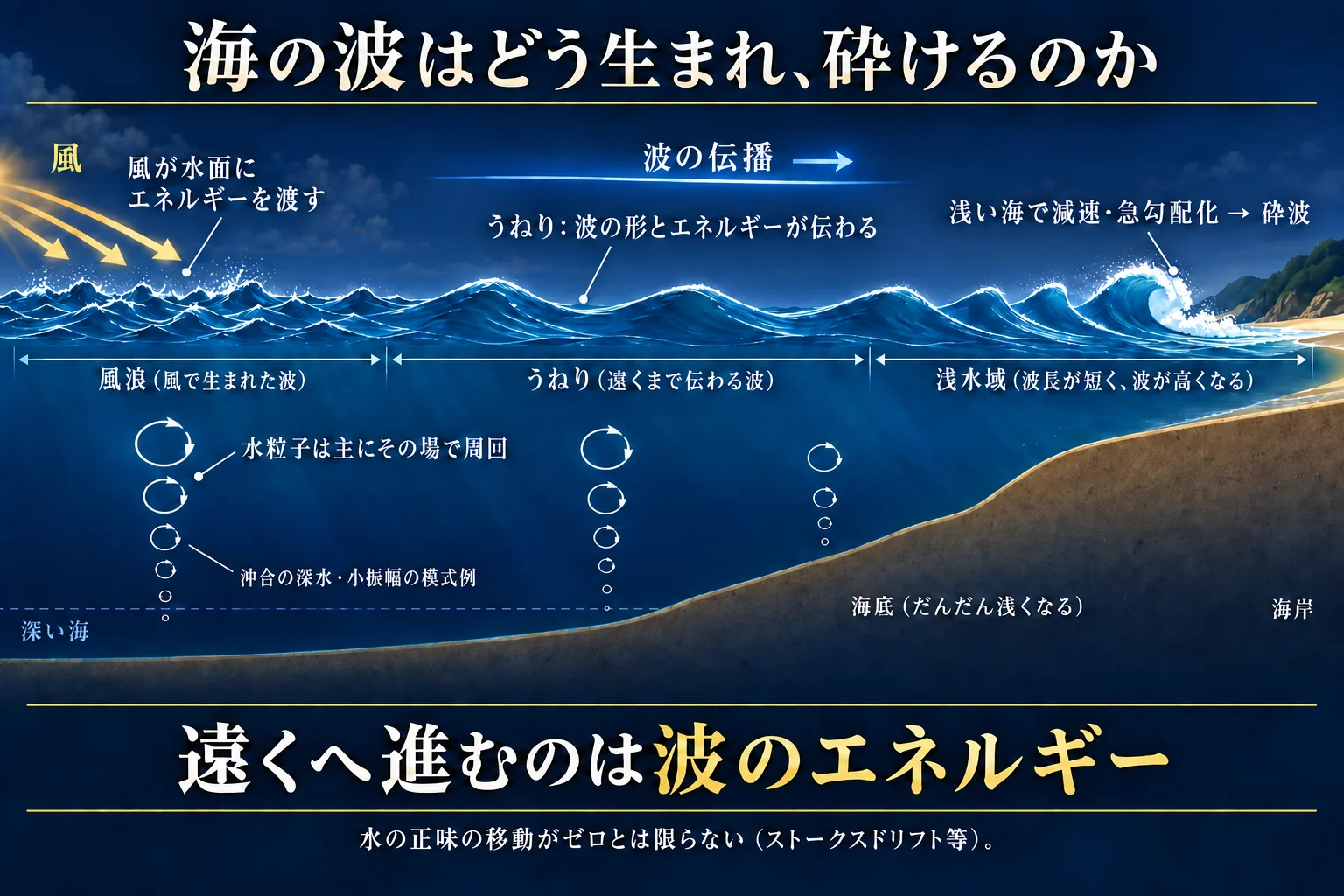 風が海面へエネルギーを渡し、風浪がうねりとして進み、浅い海で変形・砕波する流れと、沖で水粒子の周回が深さとともに小さくなることを示す模式図