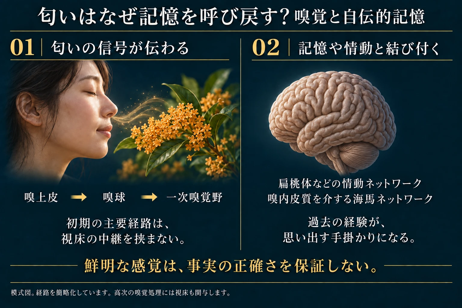 匂いの信号が嗅上皮から嗅球、一次嗅覚野へ届き、情動と記憶のネットワークに関わる模式図