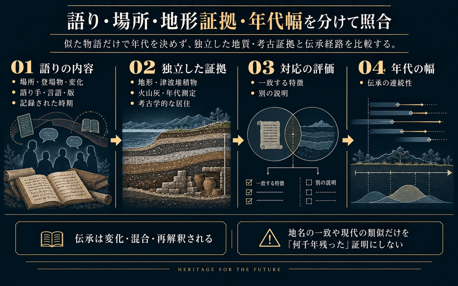 口承の記録と海底地形、海面変化の資料を独立に比較する概念図