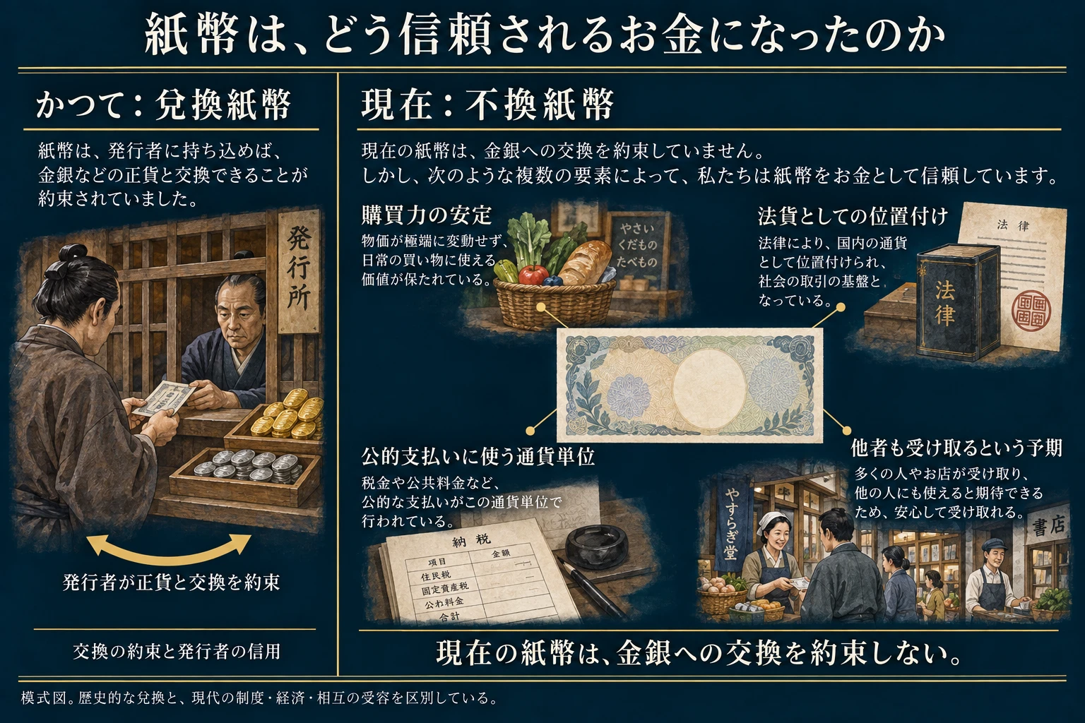 左／上に歴史的な正貨との兌換約束、右／下に現代の紙幣を支える購買力の安定、法貨としての位置付け、公的支払いの通貨単位、他者の受容への期待を配置した。