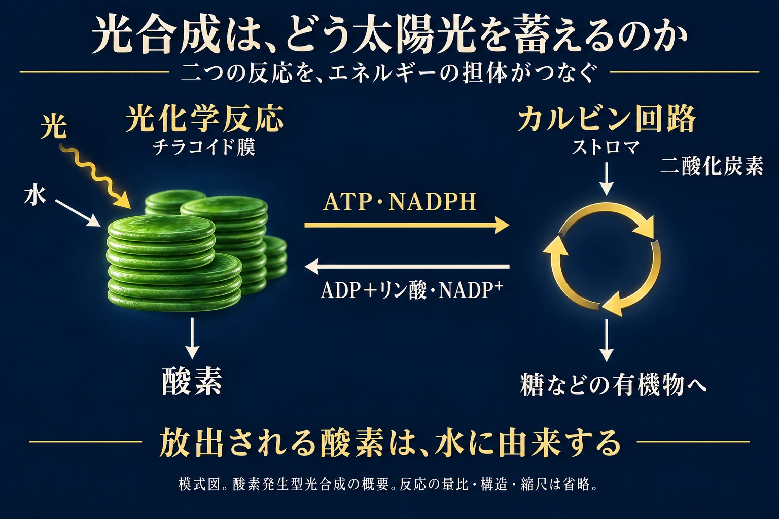 光化学反応とカルビン回路の物質出入りおよび担体再利用を示す図