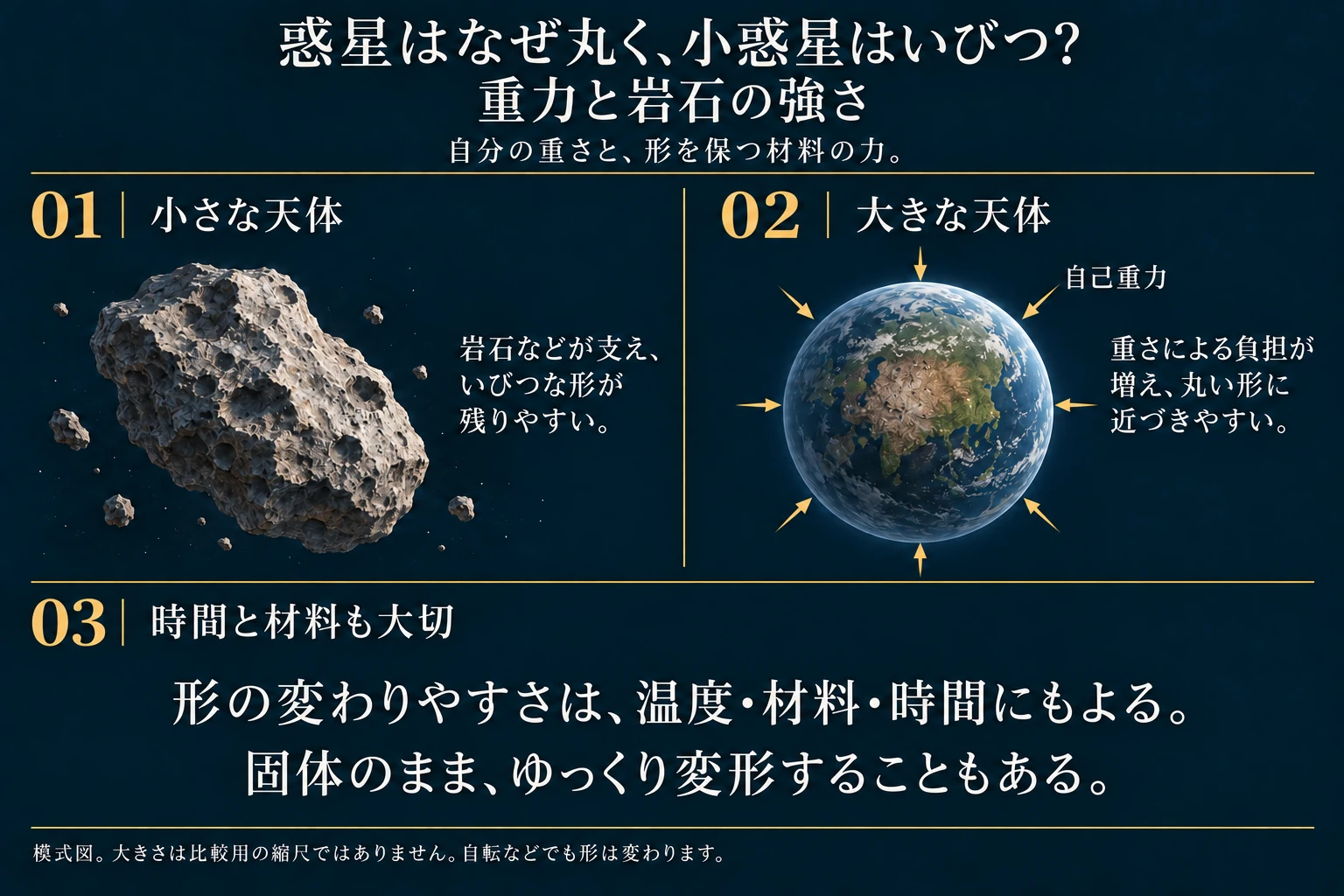 小さな天体は岩石などの材料が形を支え、いびつさを保ちやすい一方、大きな天体は自分の重さによる負担が増え、丸い形へ近づきやすくなります。