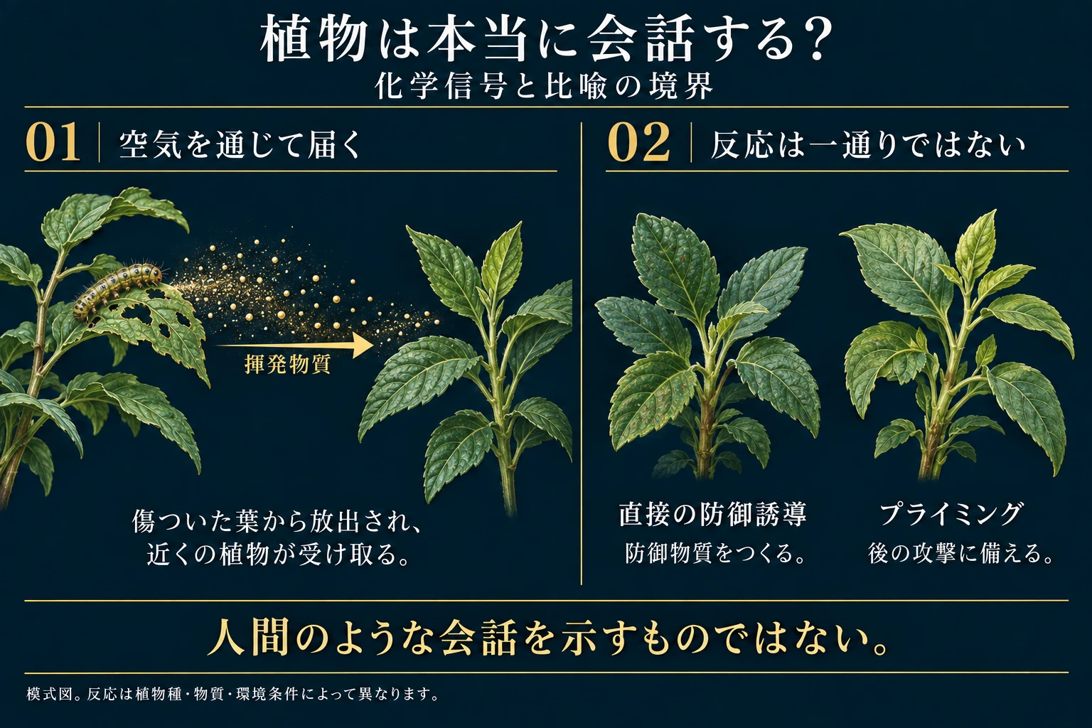 傷害株が放つ揮発性成分と受け手の直接防御誘導・プライミングを分けた模式図