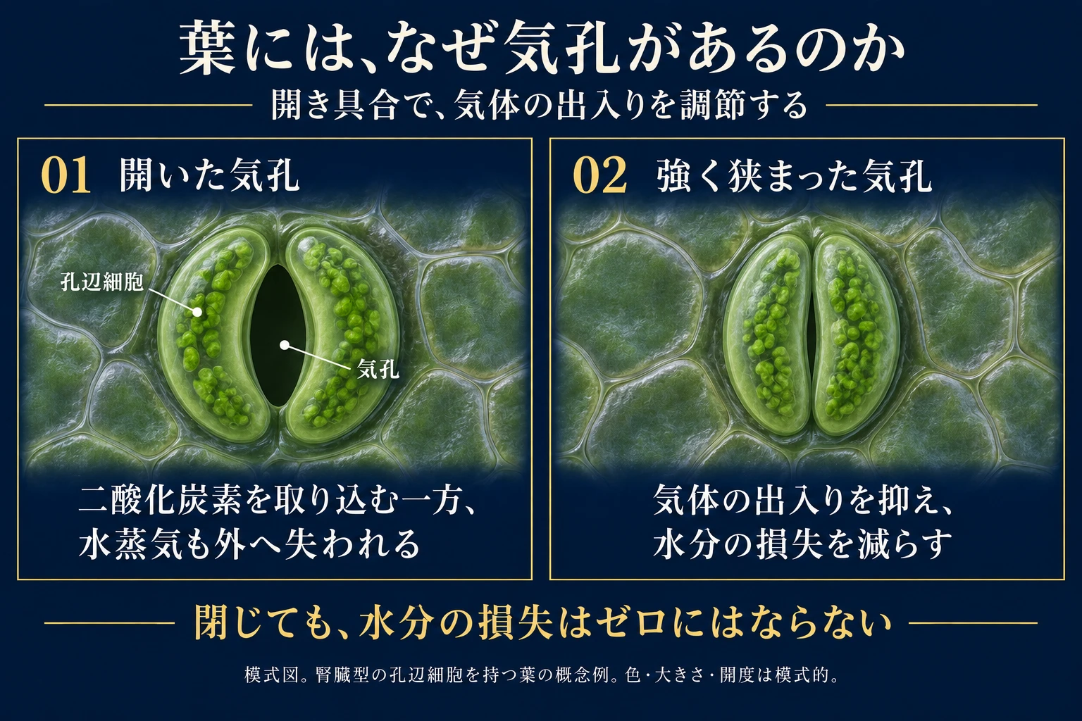 腎臓形の孔辺細胞がつくる気孔の開いた状態と強く狭まった状態の比較図