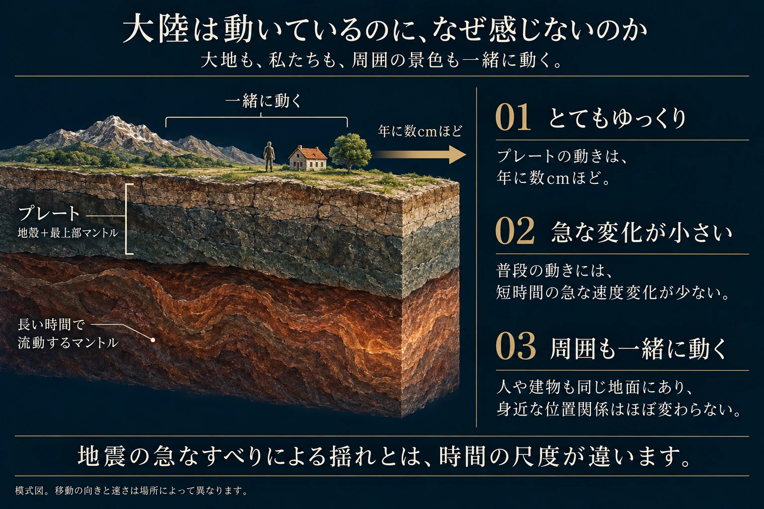 人、家、木などが同じ地面と一緒に動く様子を示します。プレートは地殻と最上部マントルからなる硬い層で、その下のマントルは長い時間で流動します。
